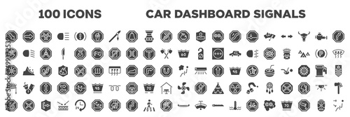 set of 100 filled car dashboard signals icons. editable glyph icons collection such as keep right, fire warning, not touch, 60 degrees medium agitation, winter warning, indian headdress, no fishing,