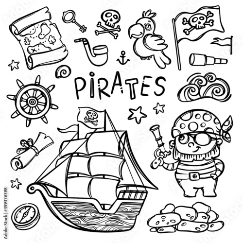 PIRATE AND SHIP MONOCHROME With Skull Flag On Mast And Text Hand Drawn Cartoon Clipart Sea Attributes And Objects Vector Illustration Set For Design And Print