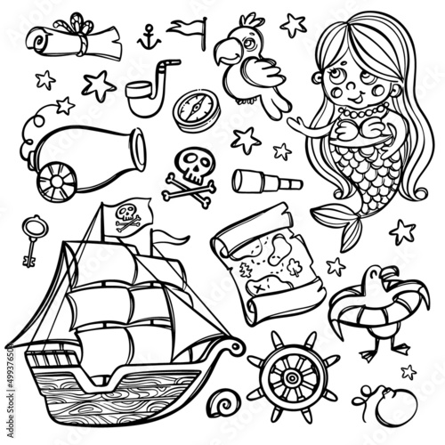 PIRATE SHIP AND MERMAID Monochrome With Skull Flag On Mast Hand Drawn Cartoon Clipart Sea Attributes And Objects Vector Illustration Set For Design And Print