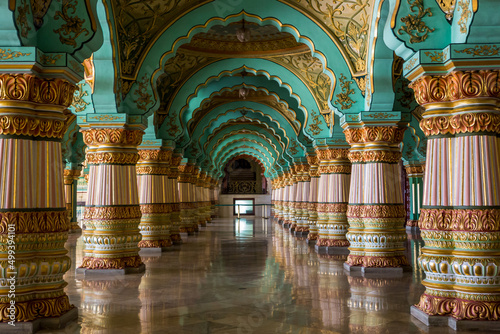 Durbar Hall or Audience Hall inside the royal Mysore Palace. Beautiful decorated interior ceiling and pillars. Mysuru, Karnataka, India. Incredible India. Heritage Building. UNESCO