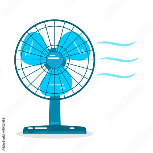 Blue electric table fan with cool breeze on white background flat vector icon design.