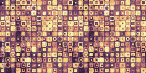 Retro concentric patchwork squares collage 70s wallpaper pattern. Geometric grungy watercolor seamless textile design background in warm vintage rusted orange, yellow and violet brown. 3D Rendering.
