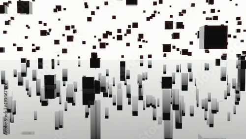 Lot of cubes in computer space with reflection. Design. Cubes rise up in stream on isolated background. Lot of black cubes move and are reflected in parallel world
