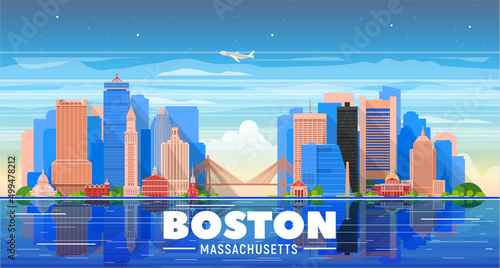 Boston ( Massachusetts, USA ) skyline with panorama in blue sky background. Vector Illustration. Business travel and tourism concept with modern buildings. Image for presentation, banner, web site.