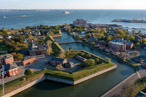 Aerial View of the Fort Monroe National Historic Site looking out toward the James River