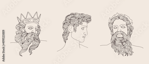 Ancient greek sculpture. Set of linear gods antique statues. Trendy vector illustration in one line drawing style. Hand drawn outline male silhouettes.