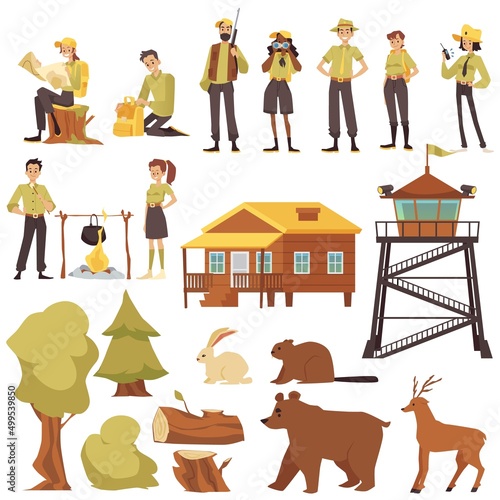 Male and female park rangers and forest guards in uniform, vector clipart isolated. Wood cabin, fire lookout tower.