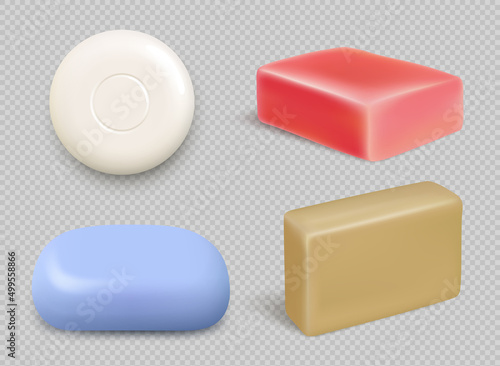 Realistic soap. Bathing hygienic items for self cleaning hand washing tools decent vector soap colored set