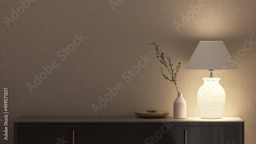 Realistic 3D render close up of a luxury black entryway table with classic cozy lamp light and a decor minimal leaves vase on top. Empty space for products overlay background, Brown fabric wallpaper.