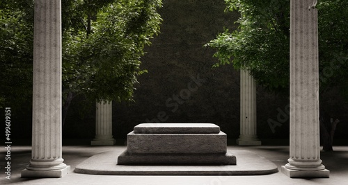 Stone platform with Corinthian pillars and natural trees with shadow background. Historical and landmark object for advertising concept. 3D illustration rendering