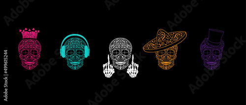 Set of different skull characters with different modern style king, Mexican, music and middle finger up, on dark background.