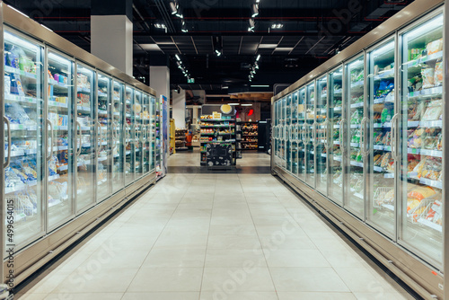 Empty supermarket aisle with refrigerators