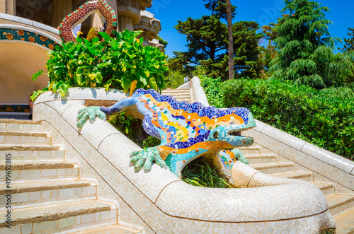 Beautiful lizard fountain in public park Guell in Barcelona, Catalonia, Spain.