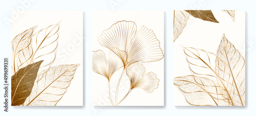 Luxury art background with golden tropical leaves and ginkgo in line style. Botanical poster set for decoration, interior design, textile, packaging