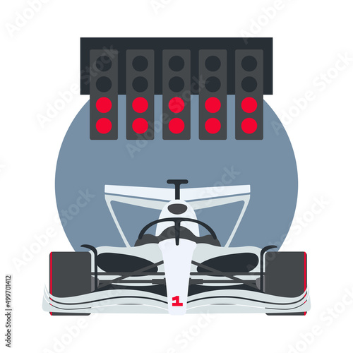 Illustration of a white F1 car with a traffic lights on the background of a grey circle. Start of the race. Vector illustration