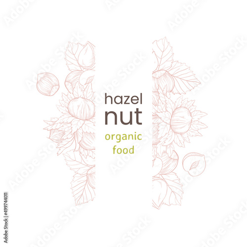 Frame hazelnut vertical web banner with nuts and leaves, fruits and kernels. Hazelnut pattern, organic product