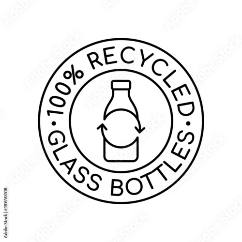 100% recycled glass bottles sign. Glass bottle in a circle with recycle arrows. Bottle bank concept. Reduce, reuse, recycle. Recycling materials symbol. Line icon. Vector illustration, flat, clip art