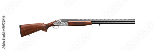 Luxury double-barreled shotgun with a vertical arrangement of barrels. Expensive weapon for hunters. Isolate on a white back.