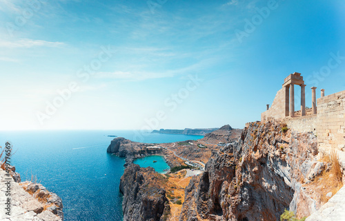 Panorama of the St. Paul's Bay in Lindos city from the Acropolis, Rhodes island, Greece