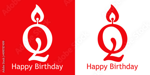 Logo con texto Happy Birthday con letra Q con forma de vela en fondo rojo y fondo blanco