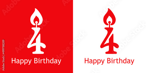 Logo con texto Happy Birthday con número 4 con forma de vela en fondo rojo y fondo blanco