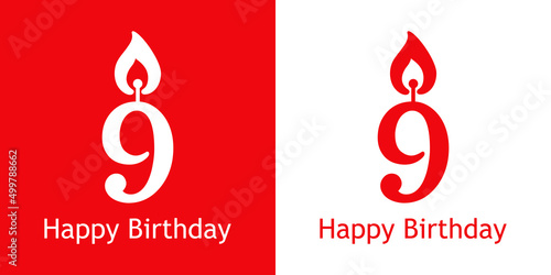 Logo con texto Happy Birthday con número 9 con forma de vela en fondo rojo y fondo blanco