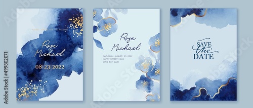 Set of elegant, romantic wedding crds, covers, invitations with shades of blue flowers. Golden lines, splatters. Watercolor blossoms, abstract wash background. Spring, summer garden.