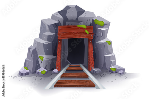 Mine cave cartoon vector illustration, ancient stone tunnel entrance, old wooden coal underground door. Game gray mountain rocks, geology coal shaft, cliff hole, rails. Mine cave isolated on white