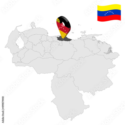 Location Miranda State on map Venezuela. 3d location sign similar to the flag of Miranda. Quality map with Regions of the Venezuela for your design. EPS10