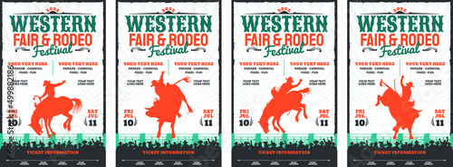 Four (4) rodeo event posters. Each has a different silhouette. A saddle bronc rider, a bareback rider, and 2 bull riders.