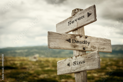 seven deadly sins text quote written in wooden signpost outdoors in nature. Moody theme feeling.