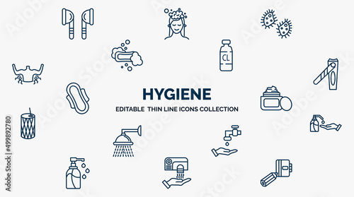 concept of hygiene web icons in outline style. thin line icons such as ear buds, microbes, chlorine, nail clippers, face cream, gel, scrub up, hand dryer, appointment book vector.