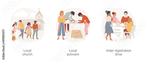 Neighborhood social life isolated cartoon vector illustration set. Happy families going to church, Sunday mass, community activism, voter registration drive, collect signatures vector cartoon.