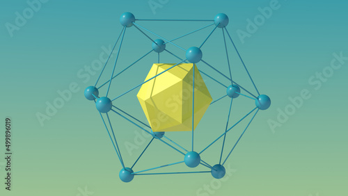 Yellow polyhedron and blue mesh. Abstract illustration, 3d, render.