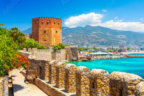 Panoramic view of the harbor of Alanya on a beautiful summer day. Alanya, Turkey 