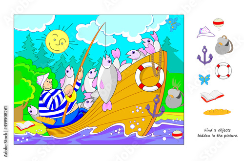Logic puzzle game for kids. Find 8 objects hidden in the picture. Fisherman catches fish. Educational page for children. Play online. IQ test. Task for attentiveness. Cartoon vector illustration.