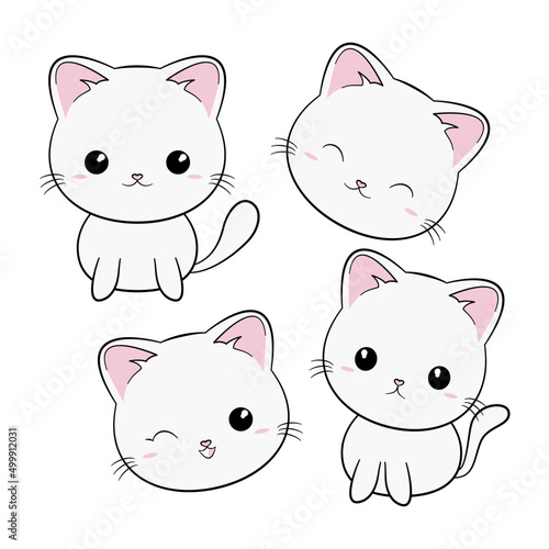 Zestaw słodkich białych kotków z różnymi minami. Kot w stylu kawaii. Ilustracja wektorowa na białym tle.