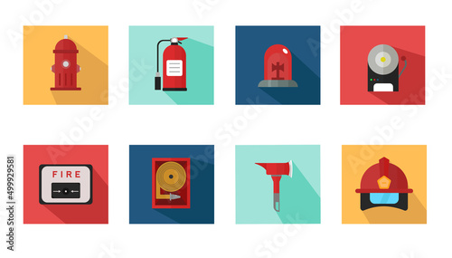 Fire service icon set illustration. Includes alarm, match, fire, firefighter, fire truck and more icons.