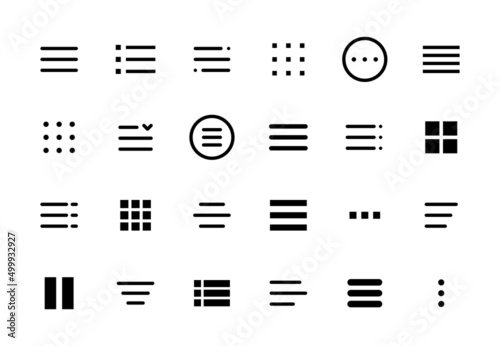 Hamburger menu icons, web and mobile navigation buttons of app ui. Isolated vector burger menu symbols of collapsed menu or navigation bar with three horizontal bars, squares, dots and ellipsis