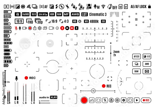 Video and photo camera viewfinder display signs. Focus, grid, zoom, shutter, preview, record frame vector symbols of shooting menu. Cam screen settings of exposure, aperture, battery, flash buttons