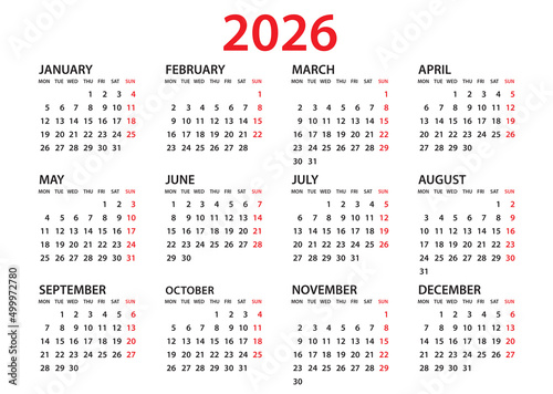 Calendar 2026 template, Planner 2026 year, Wall calendar 2026 template, Week Starts Monday, Set of 12 calendar, advertisement, printing, organization and business, stationery, simple minimal.