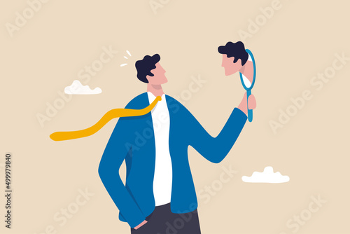 Self awareness, aware of different aspect of self, behaviors and feelings, psychology state of oneself becomes focus of attention, businessman found himself from mirror thinking about self awareness.