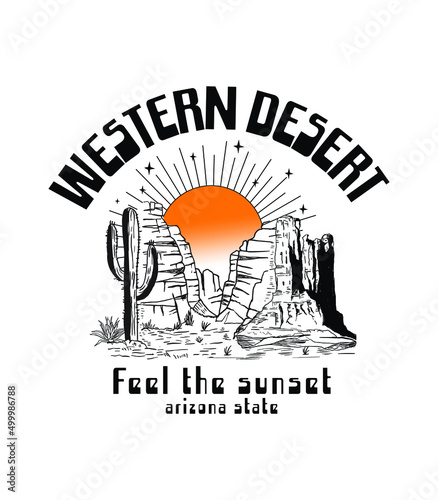 western Desert Dreaming Arizona, Desert vibes vector graphic print design for apparel, stickers, posters, background and others. Outdoor western vintage artwork. Arizona desert t-shirt, 