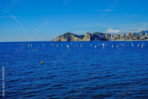 View of the bay of Benidorm with sailboats from the Mediterranean balcony