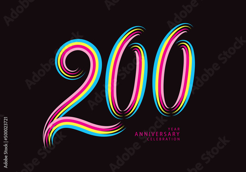 200 number design vector, graphic t shirt, 200 years anniversary celebration logotype colorful line, 200th birthday logo, Banner template, logo number elements for invitation card, poster, t-shirt.