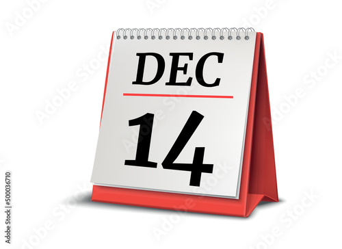 Calendar on white background. 14 December. 3D illustration.