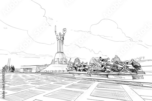 Motherland monument. Kyiv. Ukraine. Hand drawn sketch. Vector illustration.