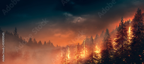 Wildfire burning through a forest. high contrast image. Illustration