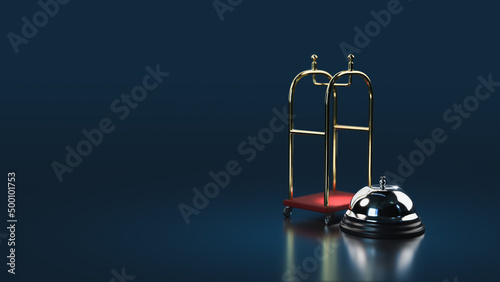 3D Rendering, illustraion of an empty Hotel luggage trolley with a concierge bell on a blue background. selective focus