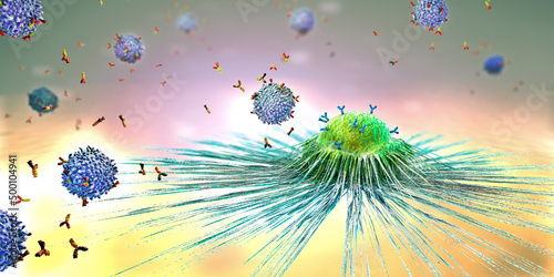 Lymphocytes cell in the immune system reacting and attacking a spreading cancer cell - 3d illustration